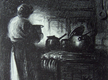 Irish Kitchen – Ireland – Back view of woman at cook stove with pots