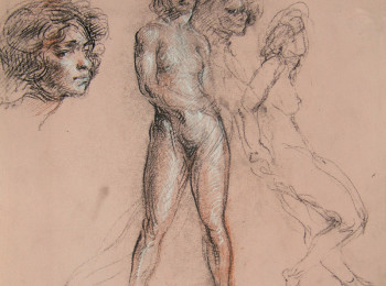 Standing Female, Background Sketches and Portrait Head