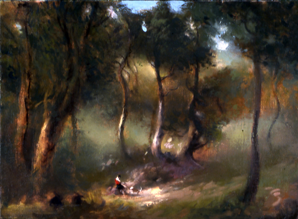 Boy with Dog Under Ash Trees